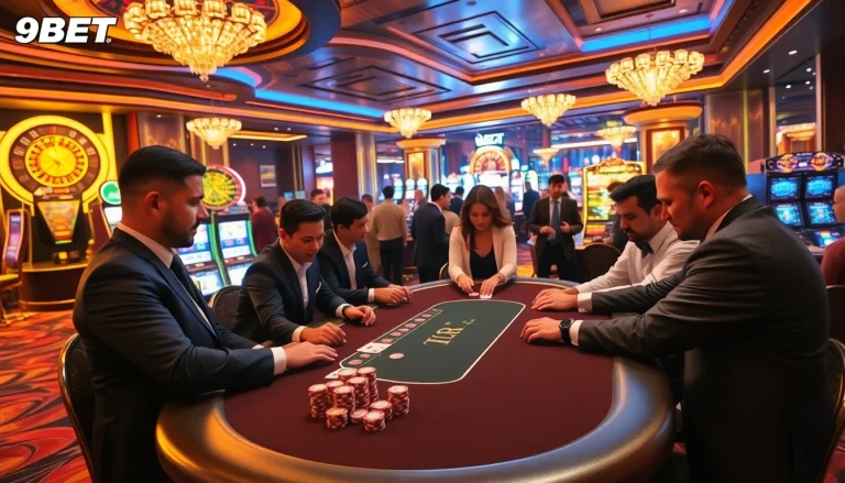Players enjoying high-stakes poker at 9BET's luxurious online casino.