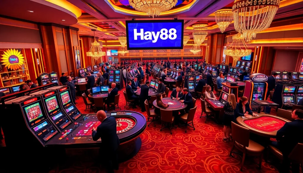 Experience the excitement at Hay88 with gamblers celebrating wins at casino tables.