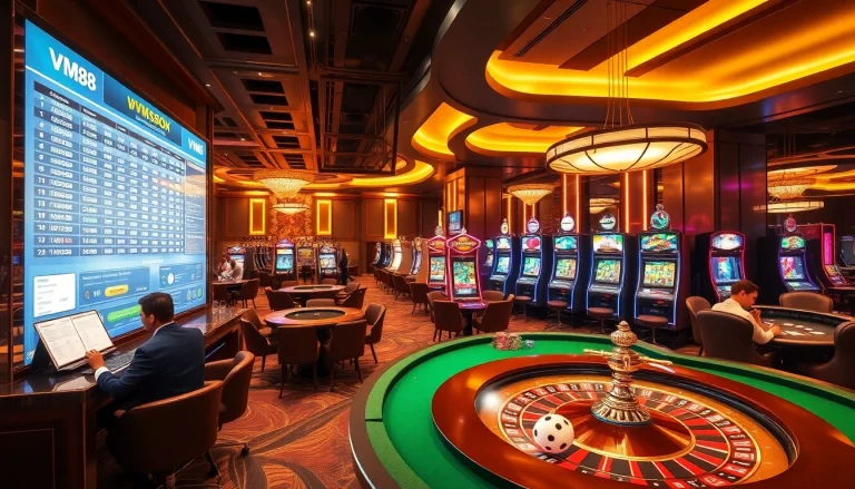 Engaging VM88 online casino interface showcasing live betting tables and vibrant slot machines