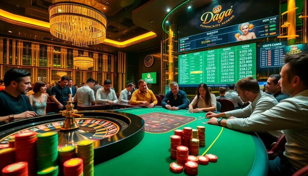 Daga gamblers placing bets at a vibrant casino with poker chips and roulette table.