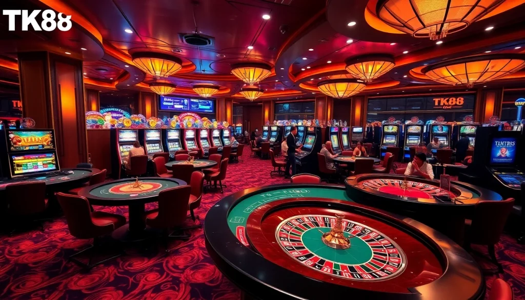 Engaging gamblers at TK88 casino tables, showcasing vibrant play and excitement.