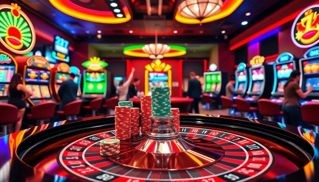 Exciting online casino scene featuring a roulette table amidst vibrant game elements.