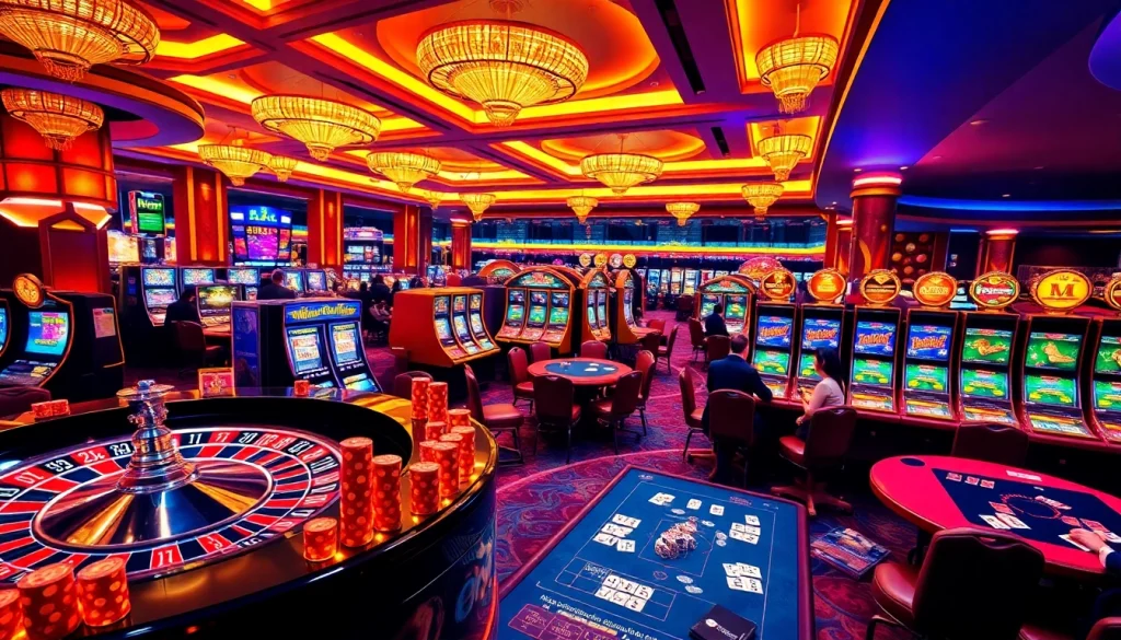 Players engaging with premium Situs Slot machines in a vibrant, luxurious casino atmosphere.