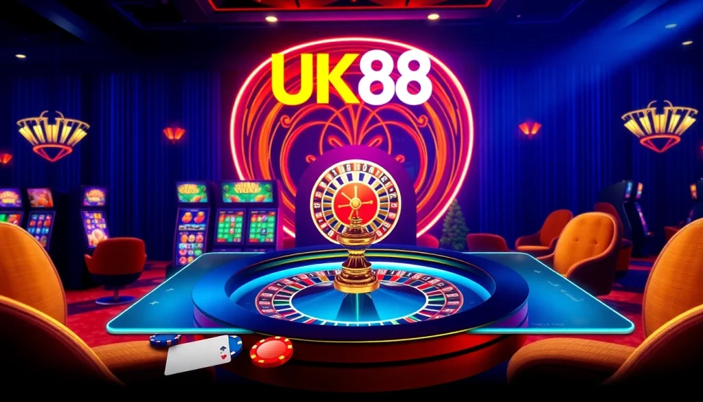 UK88 casino interface showcasing vibrant slot machines and poker chips for exciting online gaming.