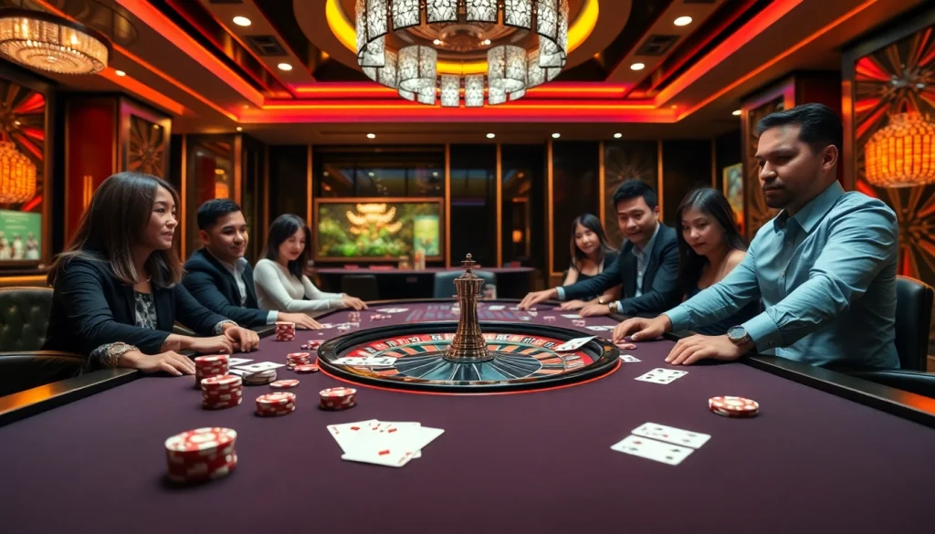 Players enjoying a thrilling game at Xin88 casino with poker chips and vibrant roulette wheel.