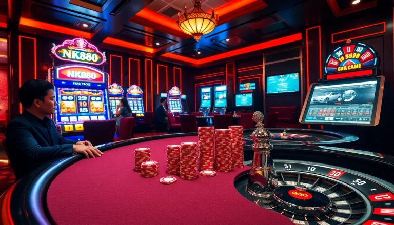NK888 casino poker table featuring strategic chip betting with vibrant casino action and roulette wheel