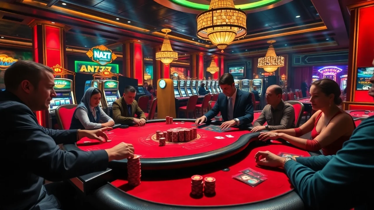 Engaging poker game scene at NA777 casino, showcasing vibrant colors, chips, and professional dealers.