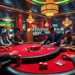 Engaging poker game scene at NA777 casino, showcasing vibrant colors, chips, and professional dealers.