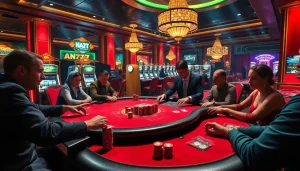 Engaging poker game scene at NA777 casino, showcasing vibrant colors, chips, and professional dealers.