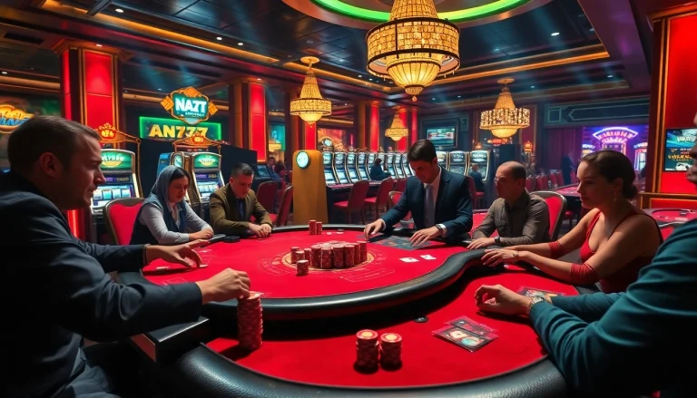 Engaging poker game scene at NA777 casino, showcasing vibrant colors, chips, and professional dealers.