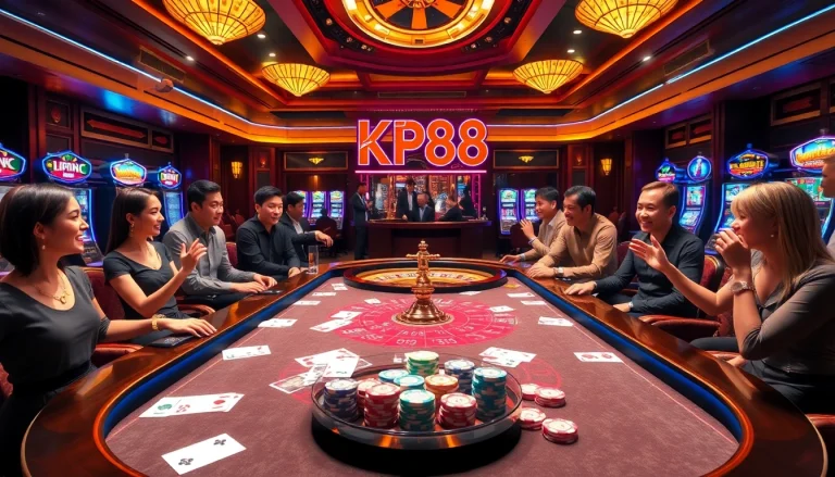 Exciting KP88 casino scene with players engaged in table games and roulette wheel spinning.