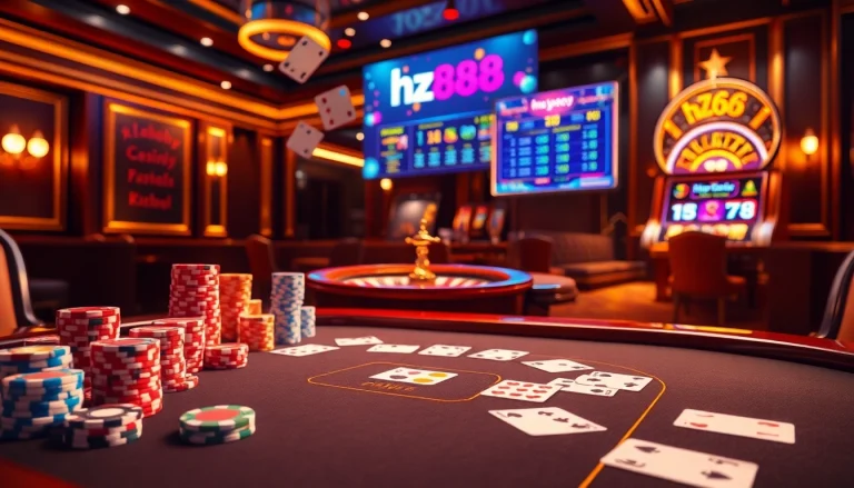 hz88 blackjack table with strategic betting chips and vibrant roulette wheel in action