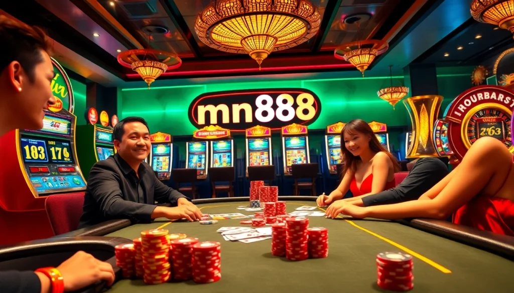 Players enjoying poker at a luxurious casino table featuring mn88.ltd brand elements and vibrant ambiance.