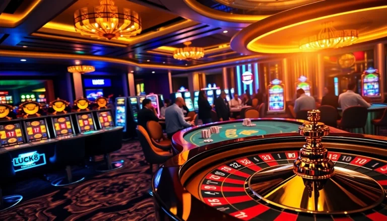 LUCK8 players enjoying a high-stakes game around a glamorous casino table.