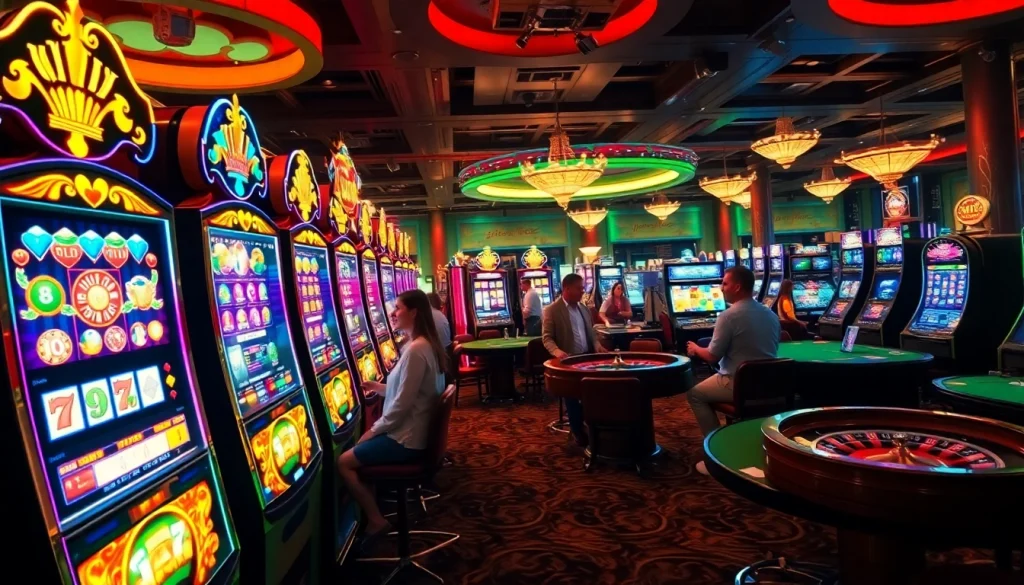 Pemain menikmati mesin slot yang menarik di suasana kasino yang ramai, menampilkan kegembiraan dan kemewahan.