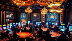 Gambling excitement at a casino featuring Truyên ma kinh dị elements, with poker tables and roulette wheels.