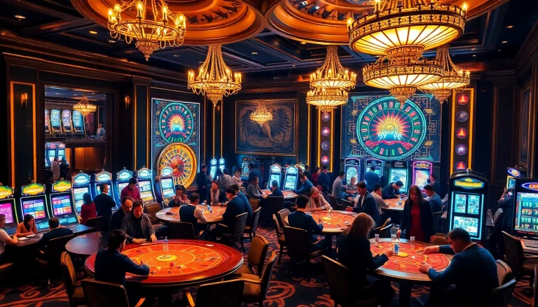 Gambling excitement at a casino featuring Truyên ma kinh dị elements, with poker tables and roulette wheels.