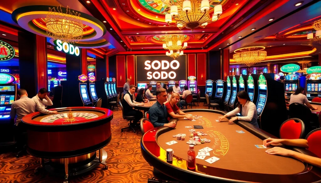 Experience the thrill of SODO Casino with vibrant gaming action on roulette and poker tables.