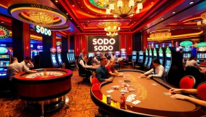 Experience the thrill of SODO Casino with vibrant gaming action on roulette and poker tables.