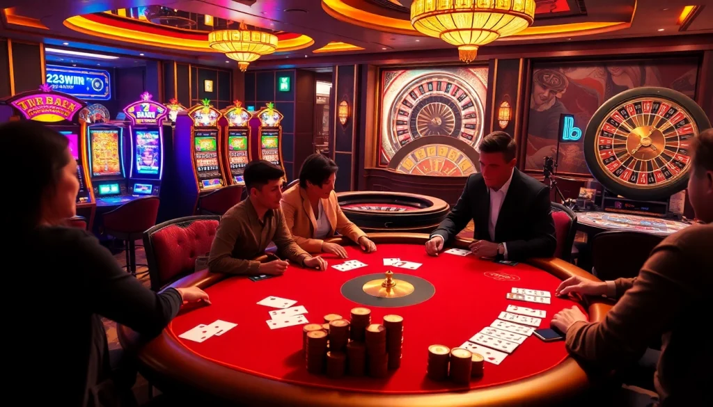 Exciting casino scene with 23win branding, featuring slot machines and poker table action.