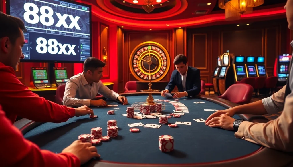 Exciting poker gameplay at 88xx casino with glamorous chips and cards.