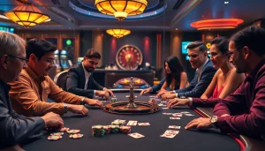 Kuwin players engaging in a high-stakes poker game at a luxurious casino table, capturing intense moments of gambling excitement.