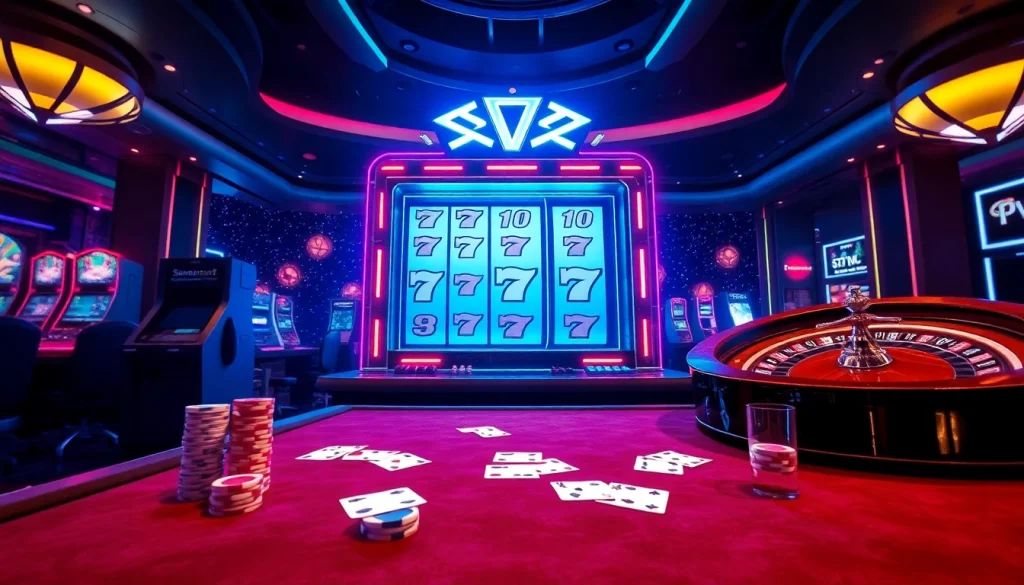 Exciting spaceman-themed slot machine background with casino elements like poker chips and cards.