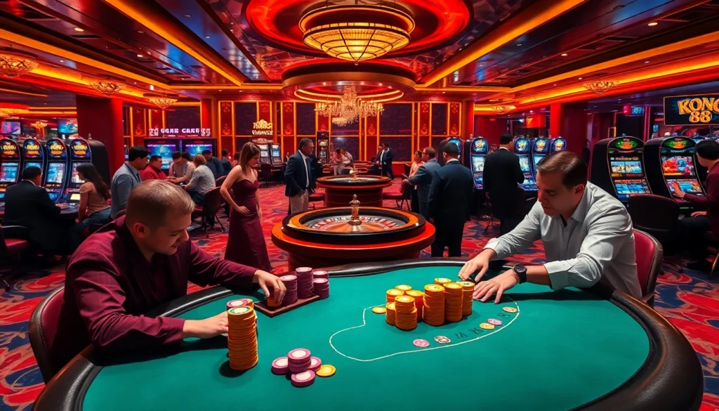 KONG88 players enjoying a thrilling poker game with vibrant casino tables and roulette excitement.