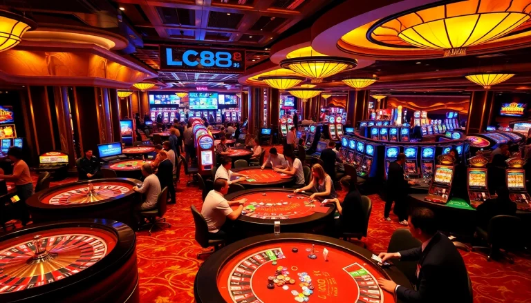 Players enjoying poker and slot machines at LC88 casino, capturing the excitement of gambling.