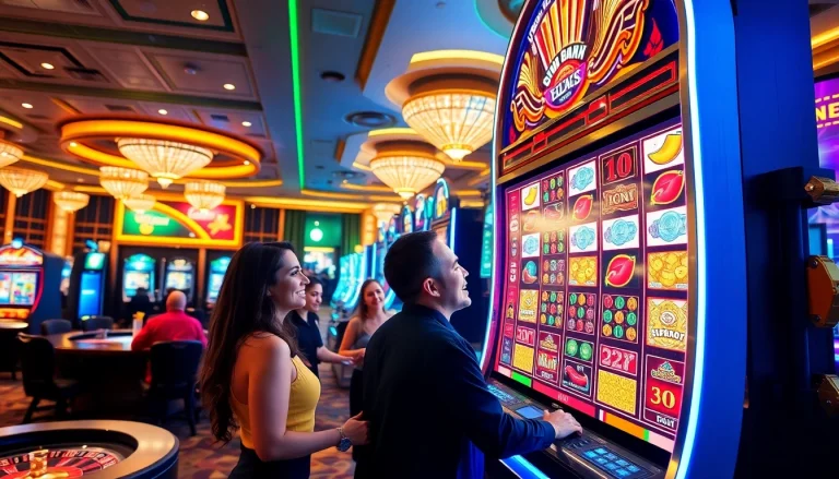 Excited players enjoying the idnslot machine in a luxurious casino environment.