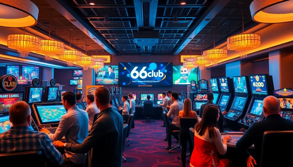 Exciting gaming atmosphere at 66club with diverse players enjoying various games.