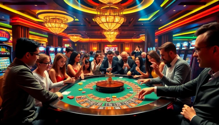 Experience thrilling casino action at Thabet with players enjoying roulette and vibrant gaming atmosphere.