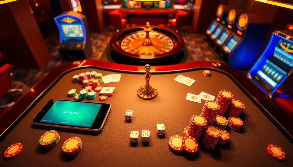 Experience Raja Luck's thrilling casino ambiance with vibrant tables, mobile gaming, and exciting action.