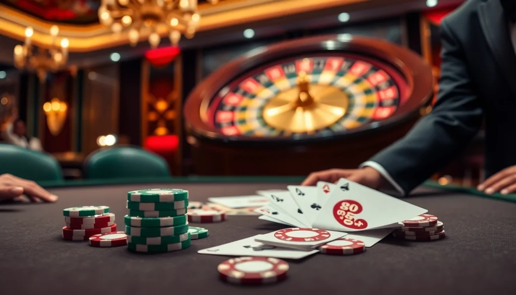 Engaging players at a luxurious gg 88 casino table with poker chips and cards.
