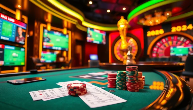 Experience thrilling Judi Bola Piala Dunia betting at a luxurious casino with vibrant tables and football odds.