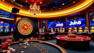 Jun88 casino scene with players at a poker table, vibrant roulette wheel, and luxury atmosphere.
