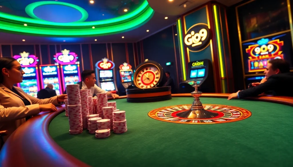 Players experiencing exciting moments at the Go 99 casino table with vibrant slot machines.