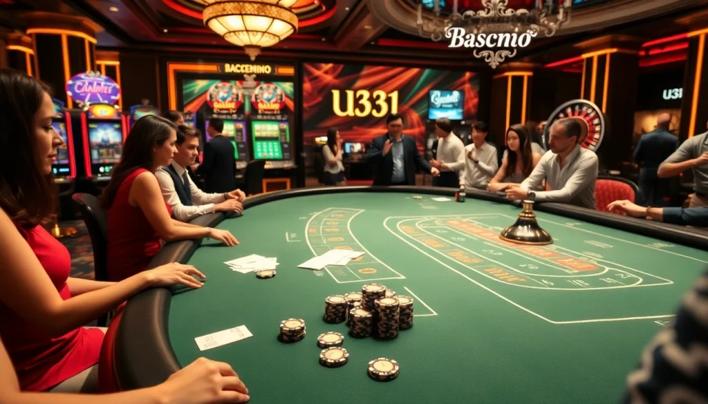 U31 casino players enjoying a vibrant baccarat table surrounded by slot machines and poker chips.