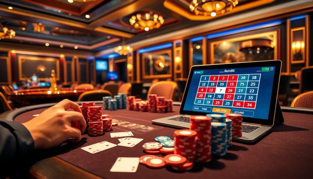 Experience thrilling betting at https://bem88v.com/ with an exciting casino scene showcasing poker and roulette.