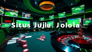 A dynamic sports betting scene highlighting the Situs Judi Bola experience with colorful betting slips and engaged players.
