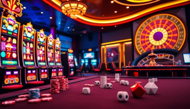 Exciting PGSLOT casino scene featuring vibrant slot machines, poker chips, and a roulette wheel for an engaging experience.