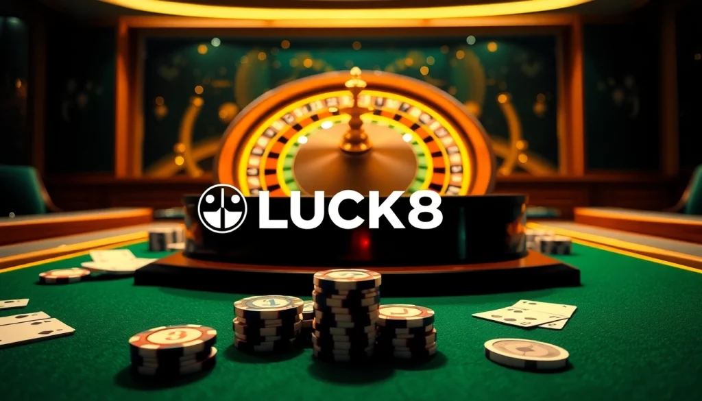LUCK8 casino scene showcasing poker chips and roulette, highlighting thrilling gaming experiences.