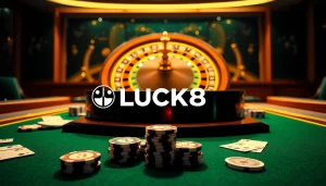 LUCK8 casino scene showcasing poker chips and roulette, highlighting thrilling gaming experiences.