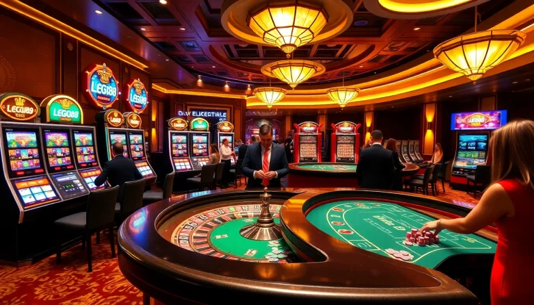 Gamblers enjoying a thrilling experience at the LEGO138 casino with vibrant slot machines and roulette table.