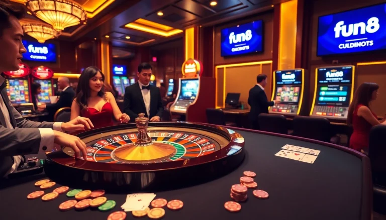 Experience excitement at fun88's luxurious casino tables with vibrant poker chips and roulette wheel.