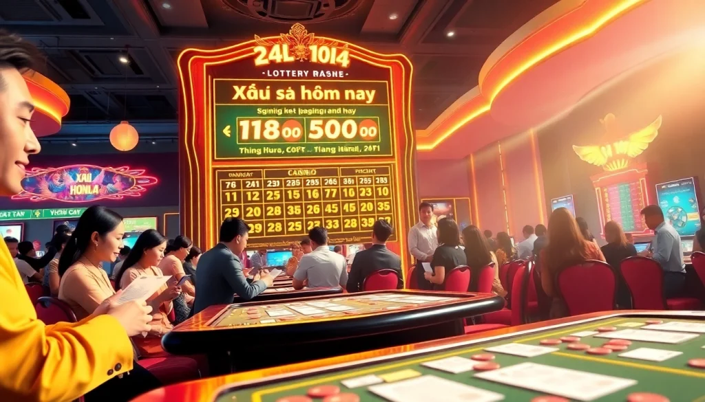 Xổ số hôm nay lottery ticket check at a lively casino with vibrant lighting and atmosphere.