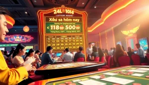 Xổ số hôm nay lottery ticket check at a lively casino with vibrant lighting and atmosphere.