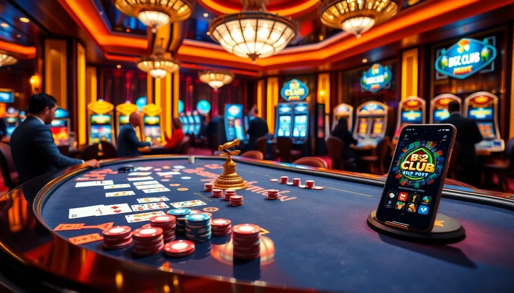 Excited players enjoy a game at the B52 CLUB poker table amidst a luxurious casino ambiance.