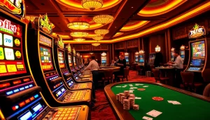 Excited players engaging with vibrant slot machines in a luxurious casino setting.