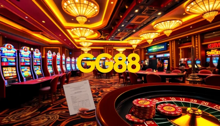Players enjoying a luxurious casino experience at GG88, showcasing poker tables and vibrant slots.